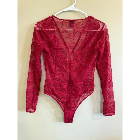 Victorias Secret Red Lace Long Sleeve Plunging V Neck Bodysuit S P - Picture 2 of 6
